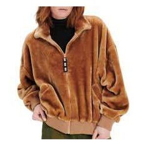 UGG Velvet Fleece Zip Bomber Jacket Tan Brown Ribbed Cuffs Collar XL